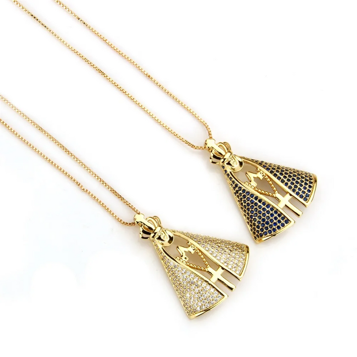 Colar Feminino Aparecida Banhado a Ouro 18k + Pedras de Zircônia (Dupla Face)