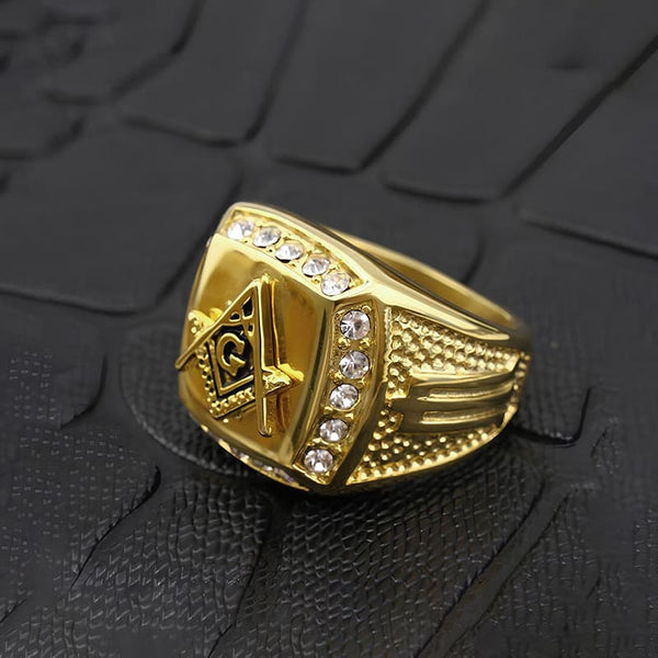 Freemasonry Ring Studded with Moissanites and 18K Gold Plated