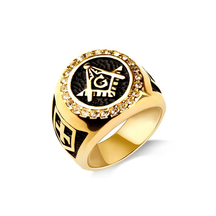 Anel Maçonaria Cravejado com Zircônia Cúbica  Banhado a Ouro 18K