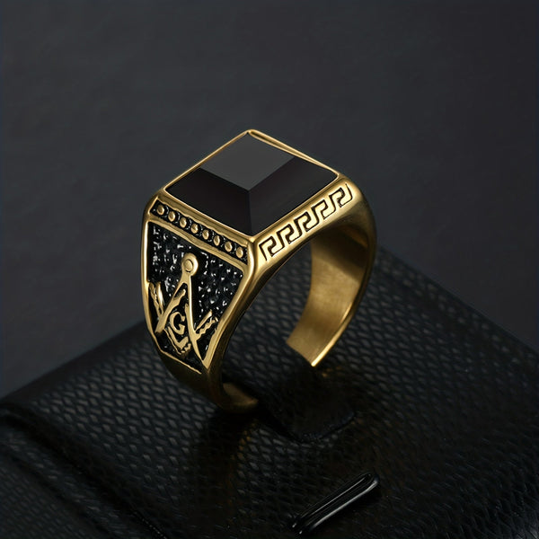Masonic Chevalier Ring - In Black Onyx Stone - 18K Gold Plated