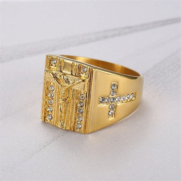Cross Ring Studded with Cubic Zirconia and Gold Plated