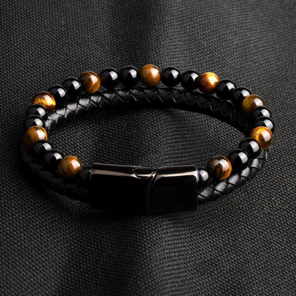 Men's Bracelet in Leather and Onyx Stones - Natur