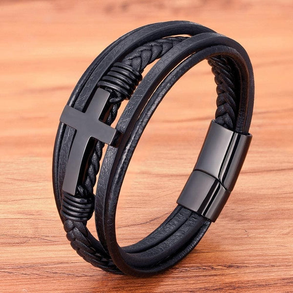Men's Leather Bracelet Cross Stelf