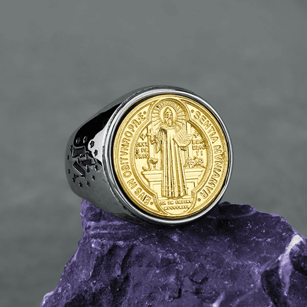 Men's Ring Prayer of Saint Benedict 18K Gold Plated