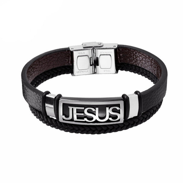 Men's Bracelet Name of Jesus - Leather and Stainless Steel