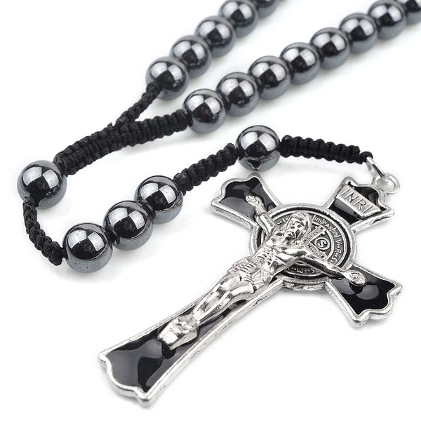 Men's Hematite Stone Rosary with Prayer to Saint Benedict