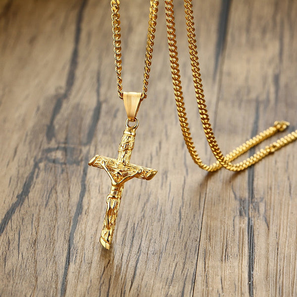 Crucifix Necklace Rustic Cross - In 316L Steel