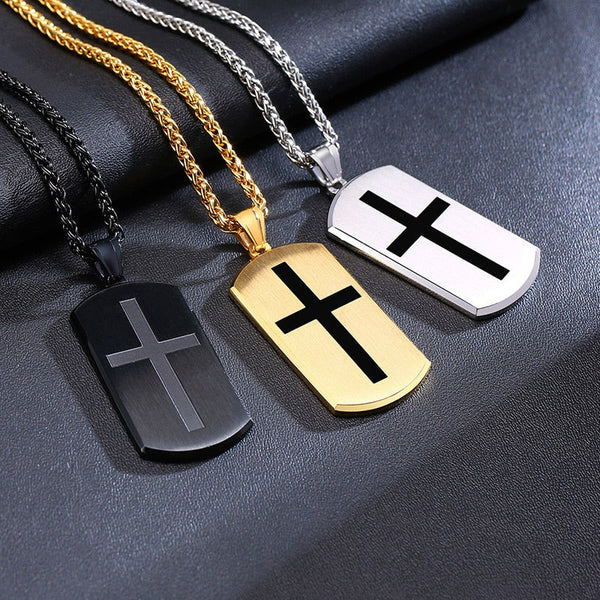 Military Plaque Necklace with Cross and Biblical Phrases