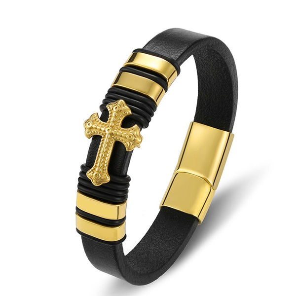 Men's Leather and Stainless Steel Bracelet - Desert Cross