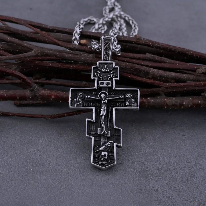 Colar Crucifixo Cruz Ortodoxa Rustica em Aço Inoxidável 316L