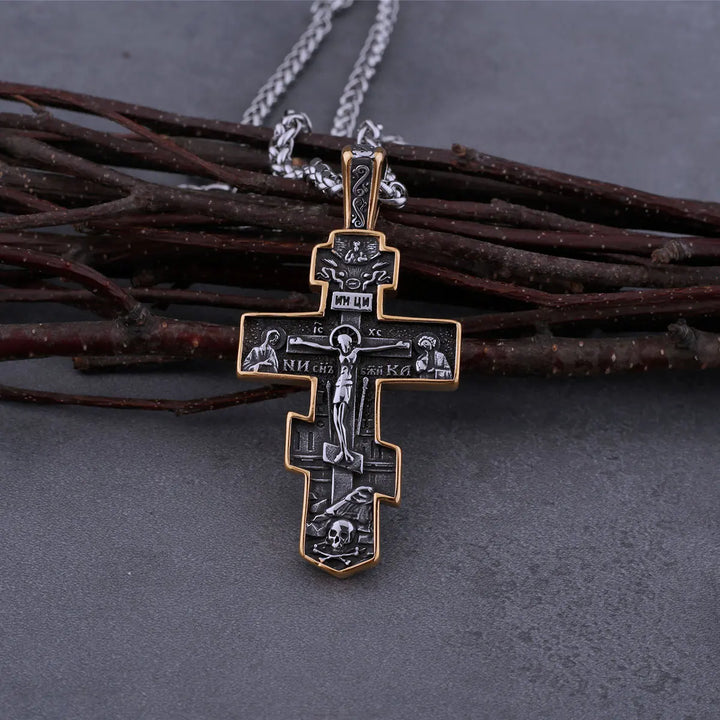 Colar Crucifixo Cruz Ortodoxa Rustica em Aço Inoxidável 316L