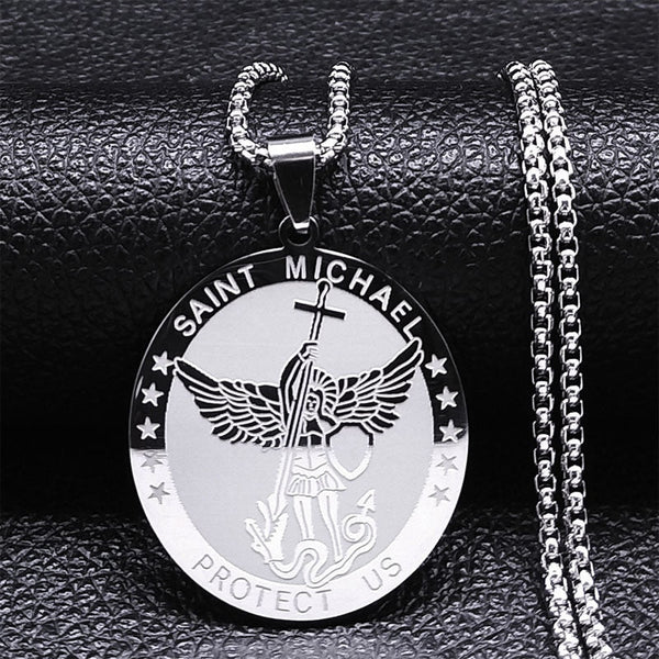 Archangel Saint Michael Steel Knight Shield Necklace