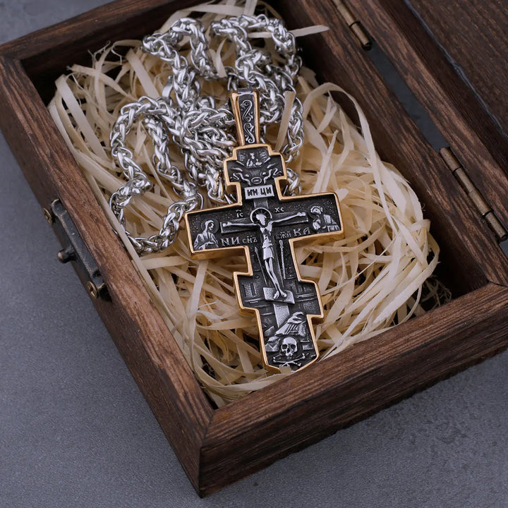 Colar Crucifixo Cruz Ortodoxa Rustica em Aço Inoxidável 316L