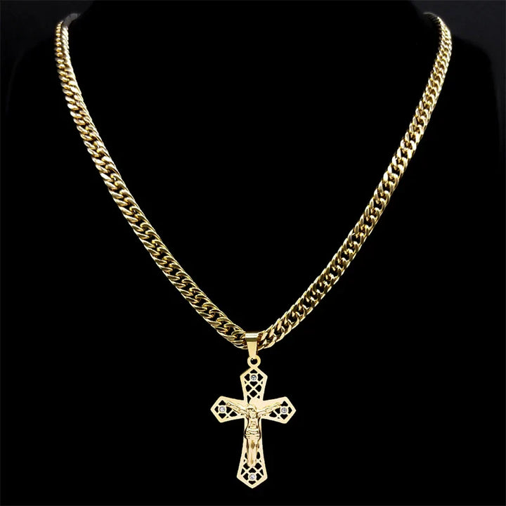 Colar Crucifixo Masculino Cruz Ômega Banhada a Ouro