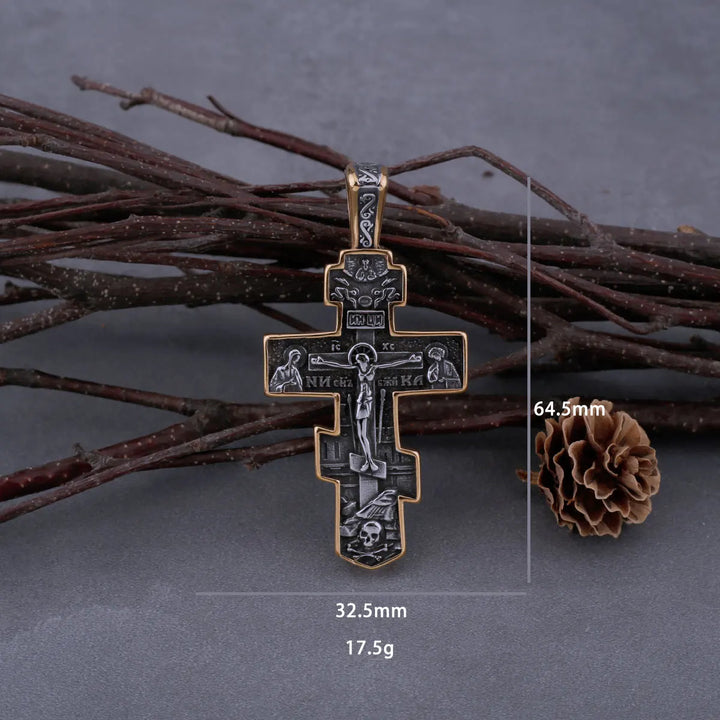 Colar Crucifixo Cruz Ortodoxa Rustica em Aço Inoxidável 316L