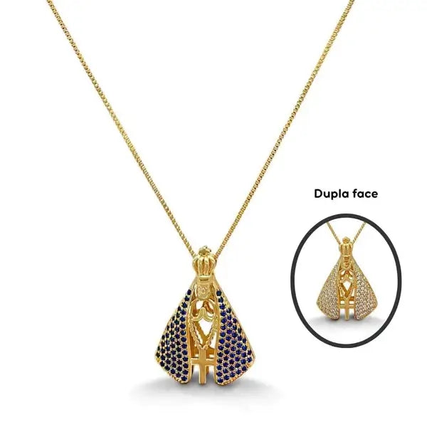 Colar Feminino Aparecida Banhado a Ouro 18k + Pedras de Zircônia (Dupla Face)