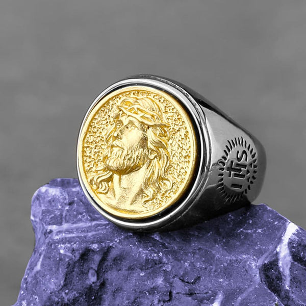 Men's Ring Face of Christ with Seal of Saint Benedict 18K Gold Plated