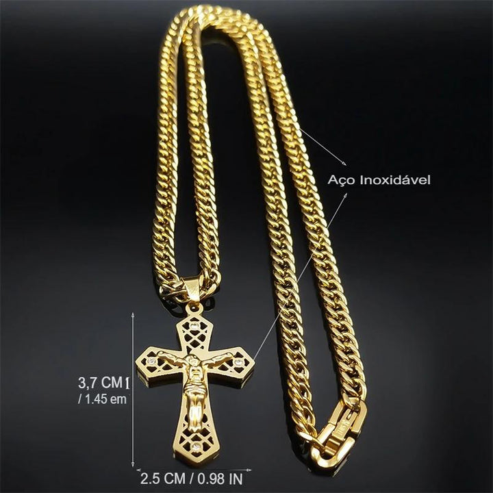 Colar Crucifixo Masculino Cruz Ômega Banhada a Ouro