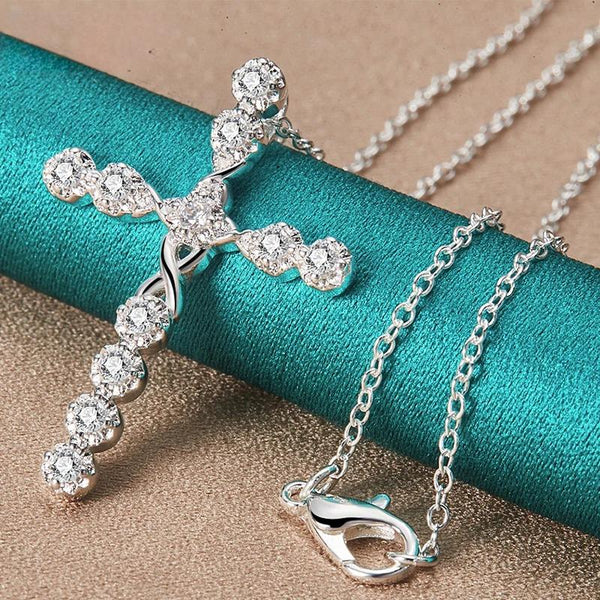 Women's Crucifix Necklace in Silver Studded with Zirconias